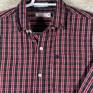 IZOD Mens Preppy Dark Academia Plaid Button Down Shirt Red Black XL 18/20 REG